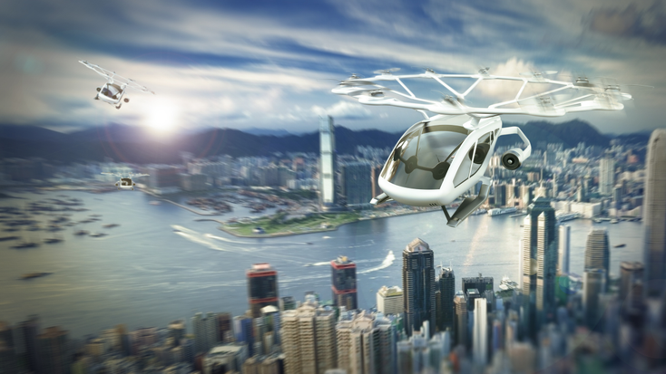A CGI image of flying cars A CGI image of flying cars