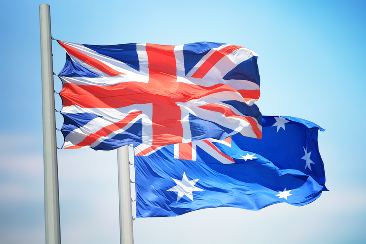 Flags of the UK and Australia flying on flagpoles
