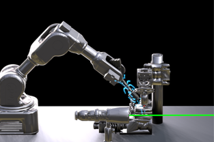 A robotic arm wielding a permanent magnet alongside a laser light