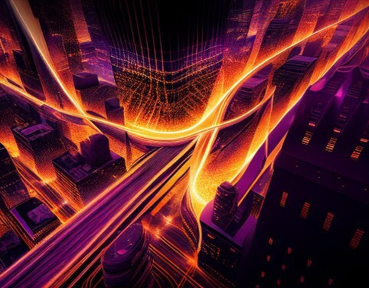 A digital image of an urban environment with glowing lines representing a network