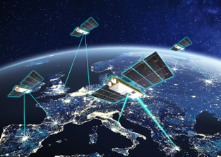 An illustration of satellites beaming information to Earth from space. 