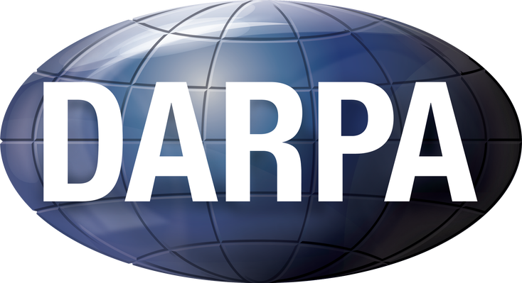 The DARPA logo, the agency's name in a flattened, blue globe