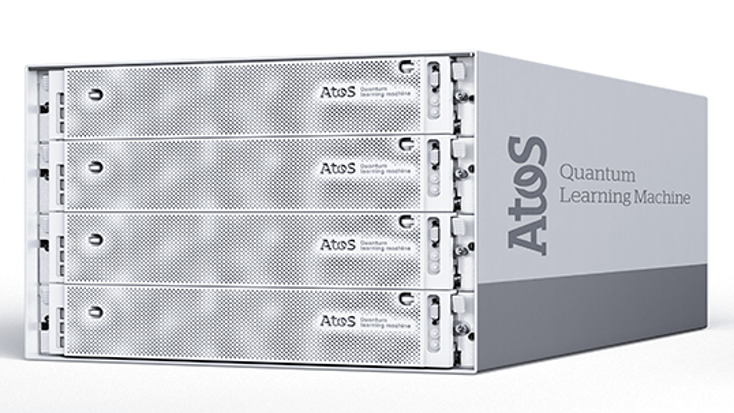 A stack of three grey computer units labelled Atos. A stack of three grey computer units labelled Atos.