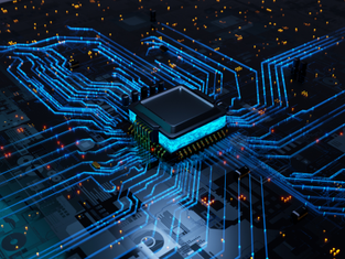 A representation of a quantum circuit lit in blue