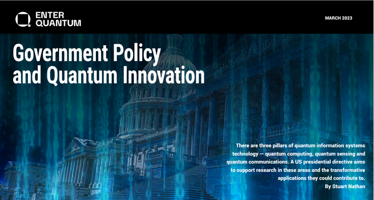 Cover image of the Government Policy and Quantum Innovation with a digitized image of the White House.