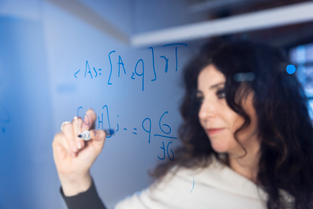 Algorithmiq CEO and co-founder Sabrina Manisca writes calculations on a clear board