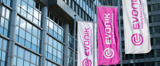 Evonik brand pink flags hand vertically outside a building. 