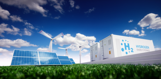 Hydrogen tanks, wind farm and solar panels