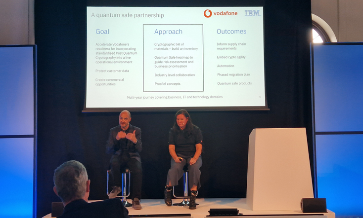 Thorpe and Ibbetson talking onstage at the IBM Think! event in London. 