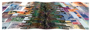 Banknotes in various currencies dissolving into binary bits