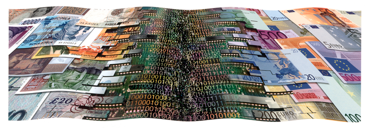 Banknotes in various currencies dissolving into binary bits Banknotes in various currencies dissolving into binary bits
