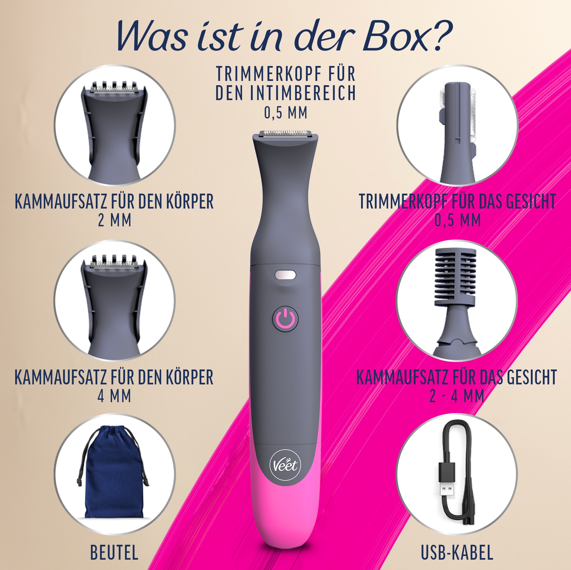 Veet EXPERT All-In-One Trimmer - Trimmer + 2 Trimmerköpfe & 3 Kammaufsätze 6