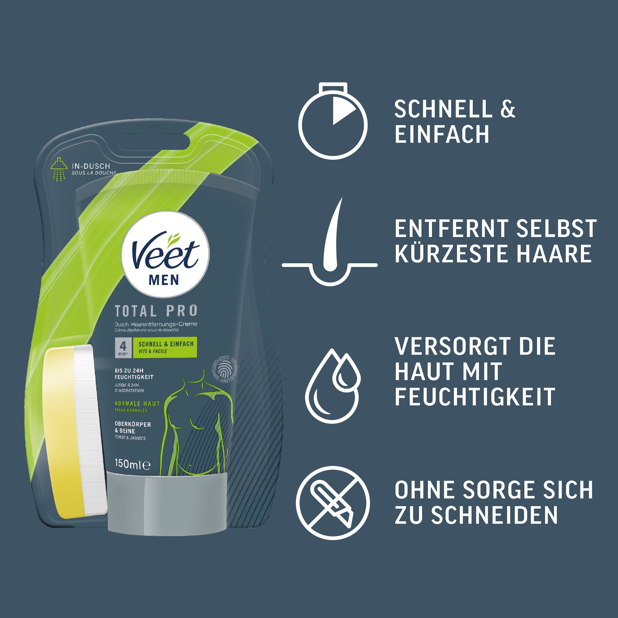 Veet Men Dusch-Haarentfernungscreme Oberkörper & Beine, normale Haut, 150 ml 5