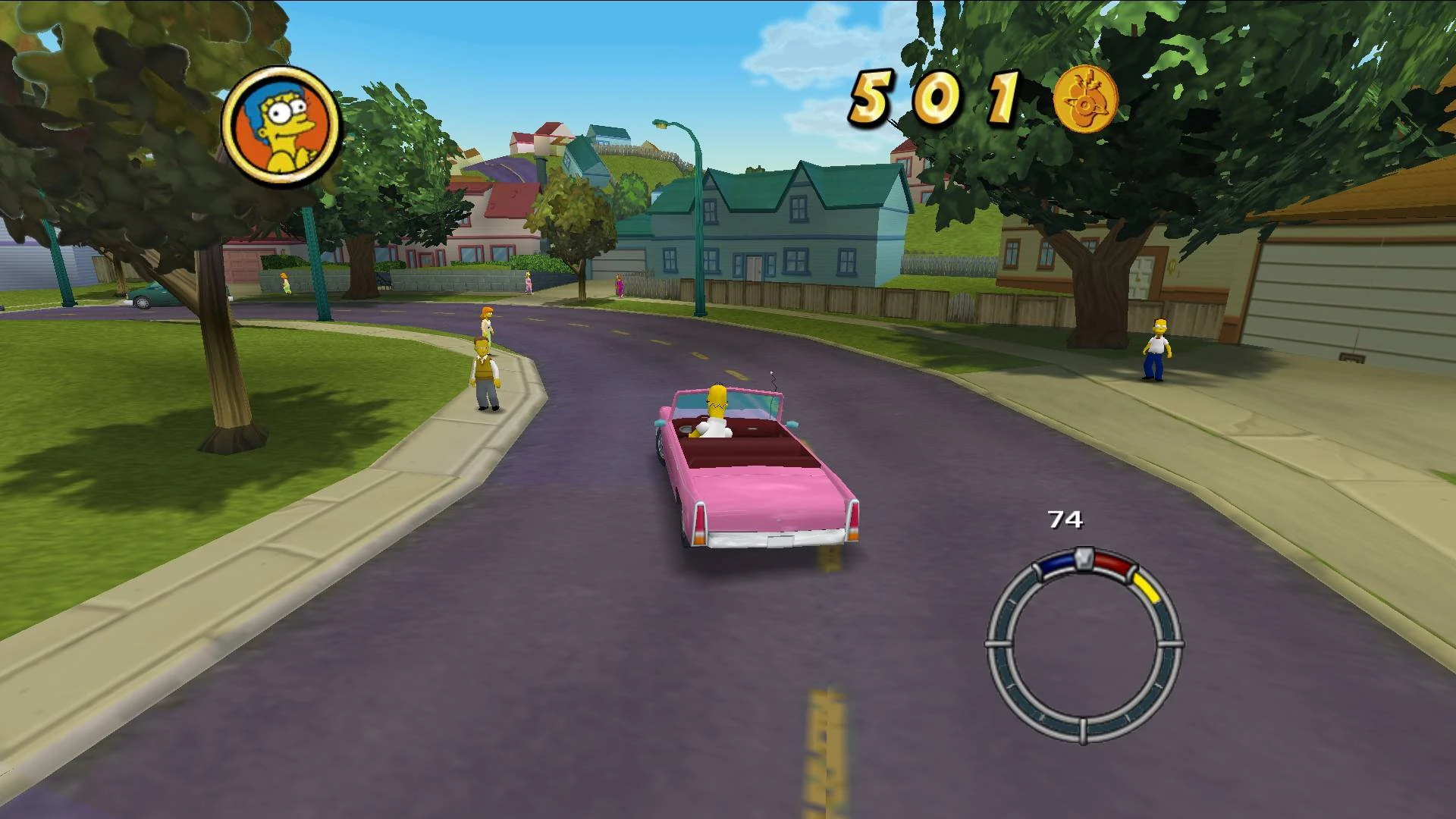 The Simpsons Hit and Run original com Homer e carro cor-de-rosa em Springfield