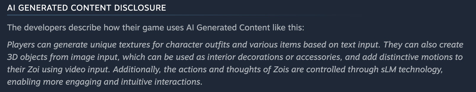 Example of Steam's AI disclosure/Credit: Steam