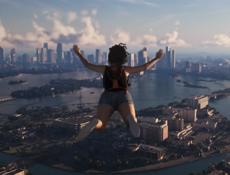 Lucia skydiving over Vice City (Rockstar)