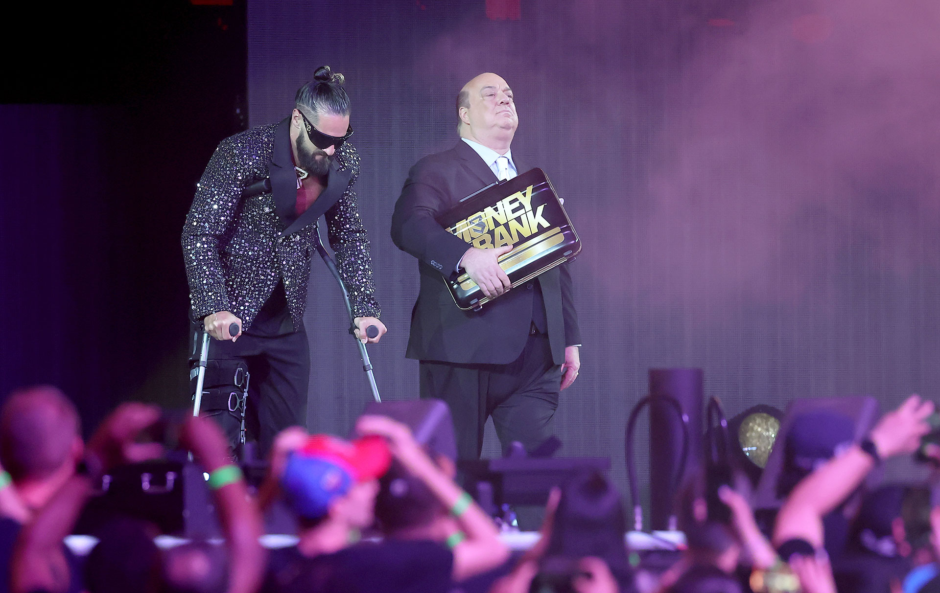Seth Rollins on crutches at SummerSlam 2026, WWE (via Getty Images)
