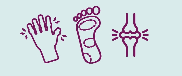 Line drawings of human hand, human foot and two bones that are connected