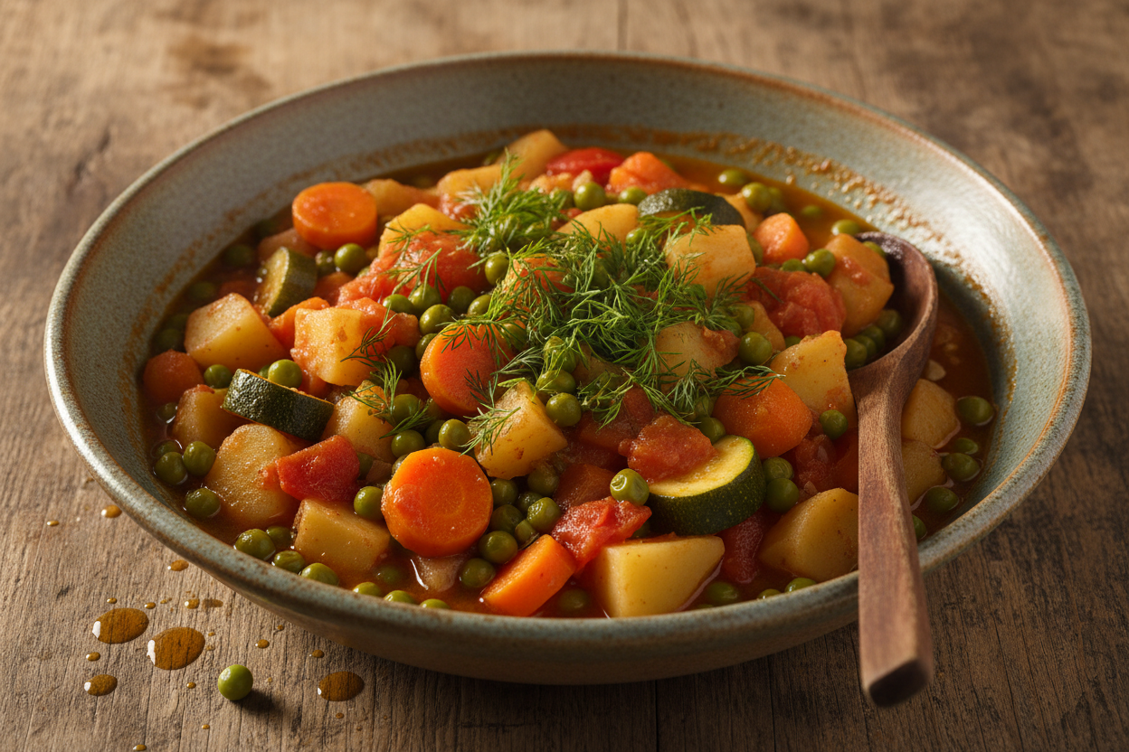 A hearty bowl of green pea stew  in a rustic ceramic bowl.