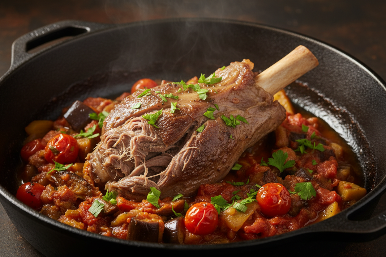 A hearty bowl of slow-cooked lamb stew with large chunks of tender meat with vegetables, garnished with a sprig of fresh thyme