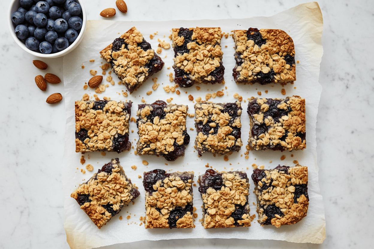 Homemade blueberry pie crumble bars served on a wooden board