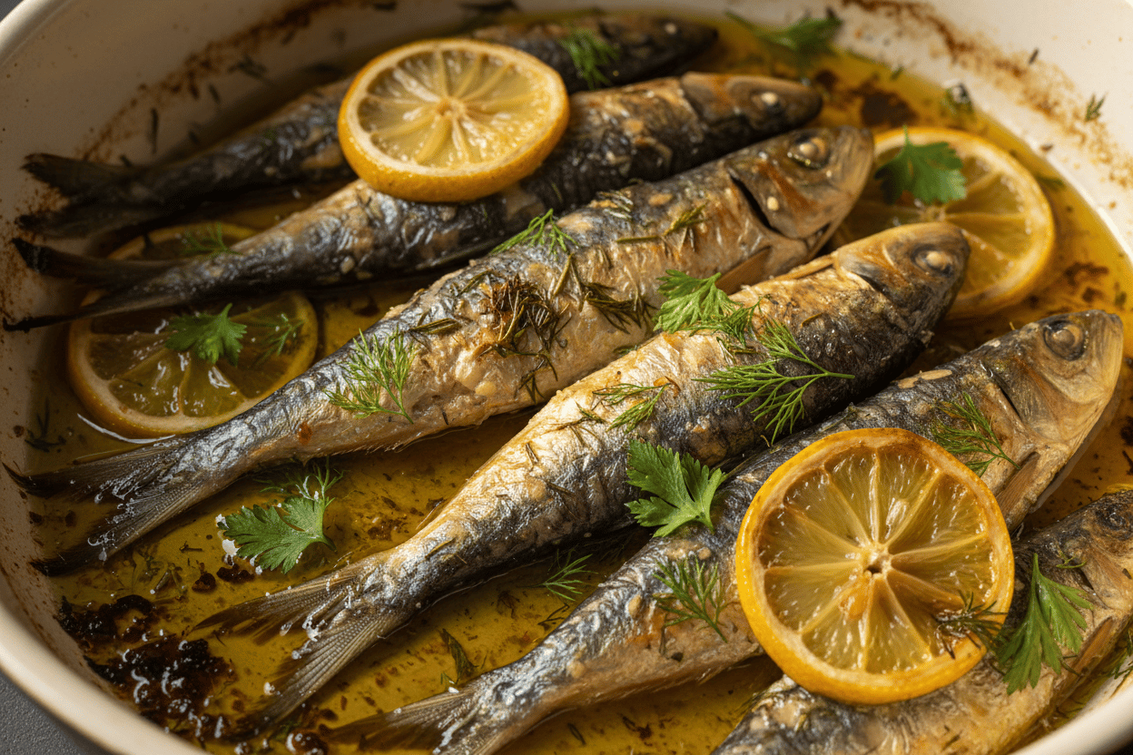 Rustic wooden board holding two pieces of baked sardine, garnished with red onion cubes and cracked black pepper, next to a lemon wedge.