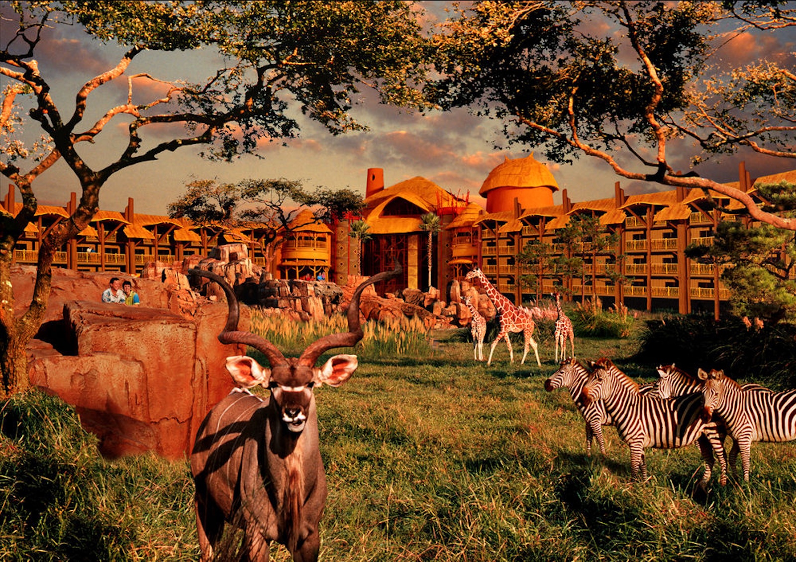 Disney's Animal Kingdom Villas - Kidani Village, with a prominent tree in the background. There are zebras, giraffes and kudus walking around in the background.