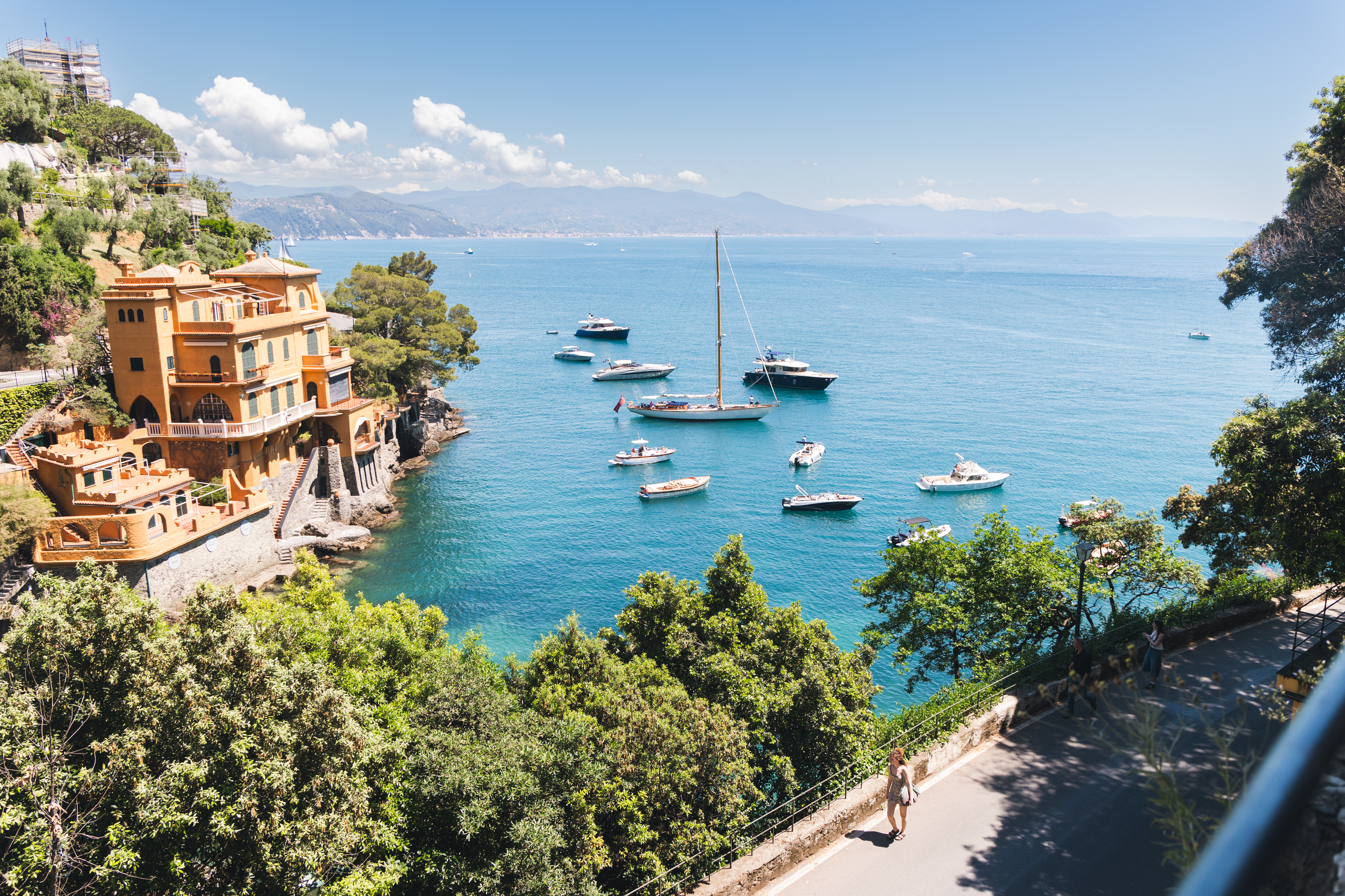 Boats anchored in a bay on the Amalfi Coast.