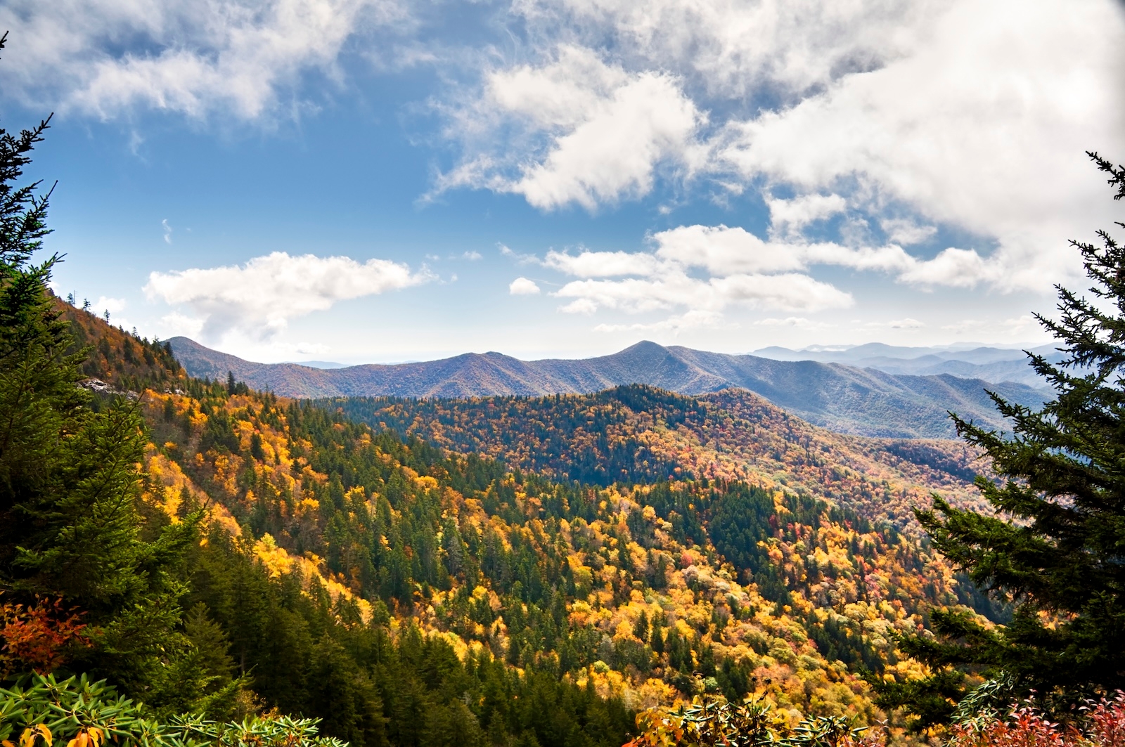 An fall storm flows over the top of the mountains on Blue Ridge Parkway in North Carolina, USA. Lane Pinnacle has an elevation of 5230 feet.