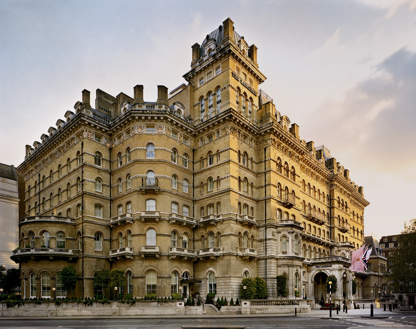The Langham London hotel exterior, showcasing its elegant, yet eerie architecture