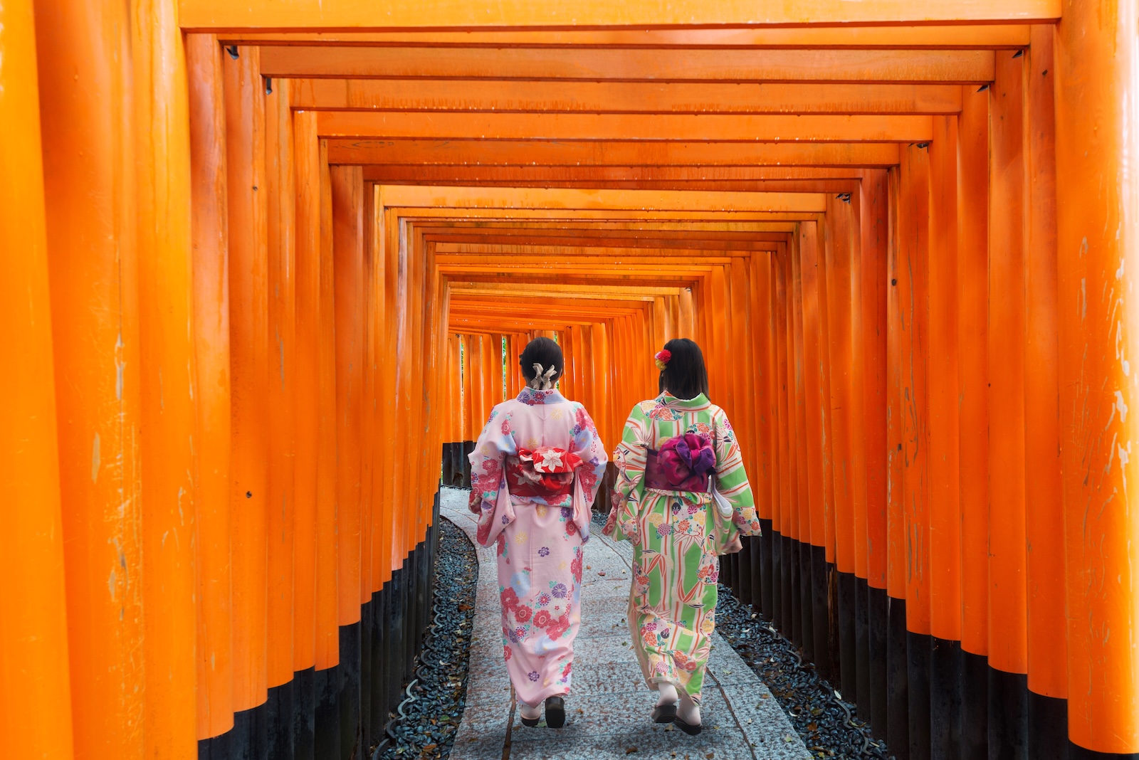 Two geishas among red wooden Tori Gate at Fushimi Inari Shrine in Kyoto, Japan. Women wearing traditional japanese kimono in Kyoto, Japan.