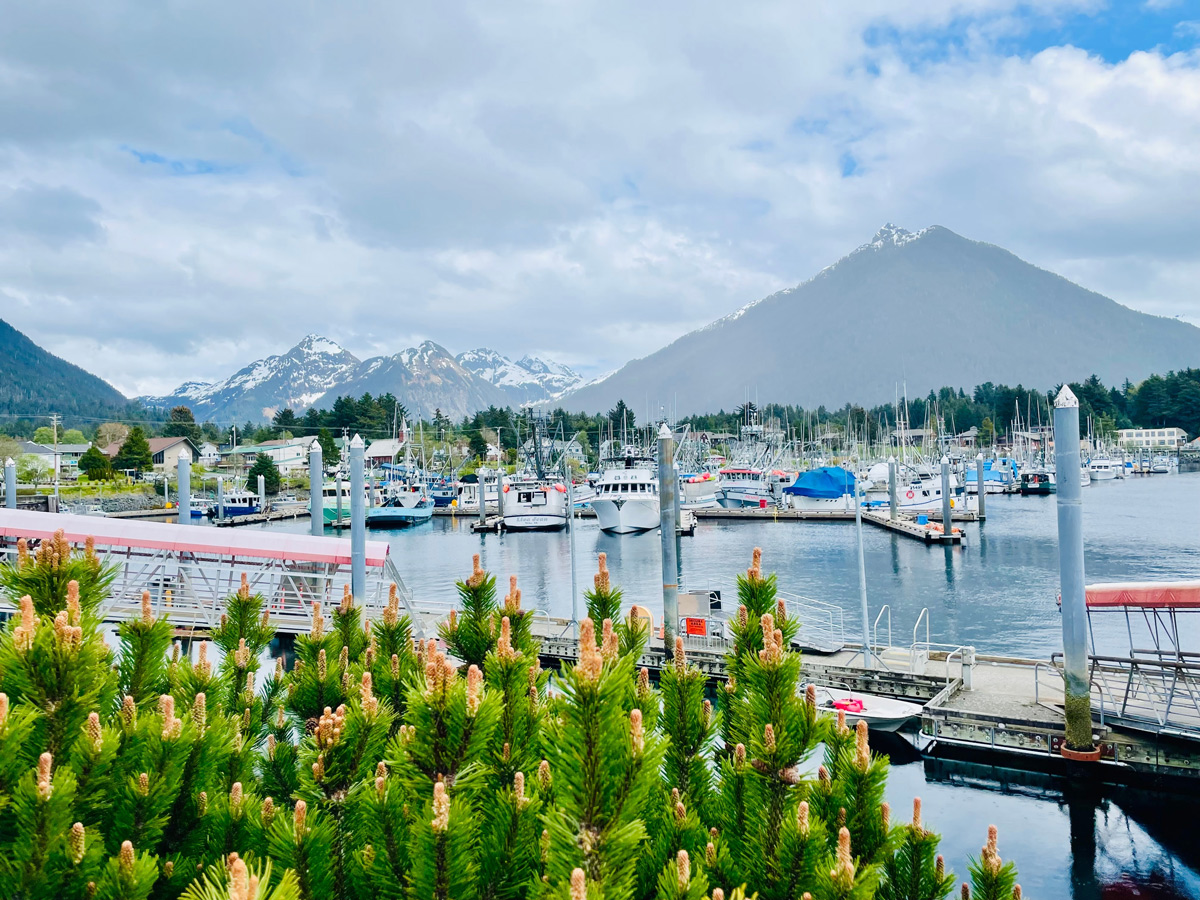 Boats lined up at a marina in Sitka, Alaska, with majestic mountains rising in the background.