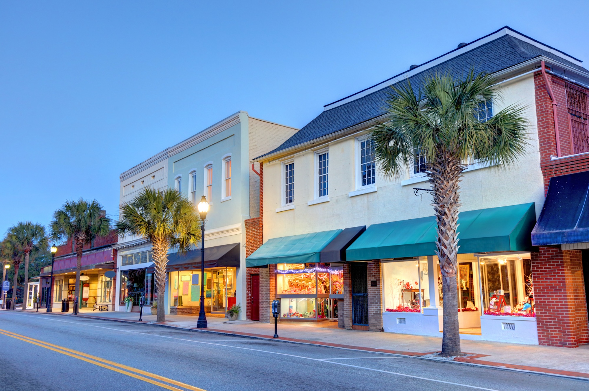 A vibrant street in Beaufort, South Carolina, lined with shops and