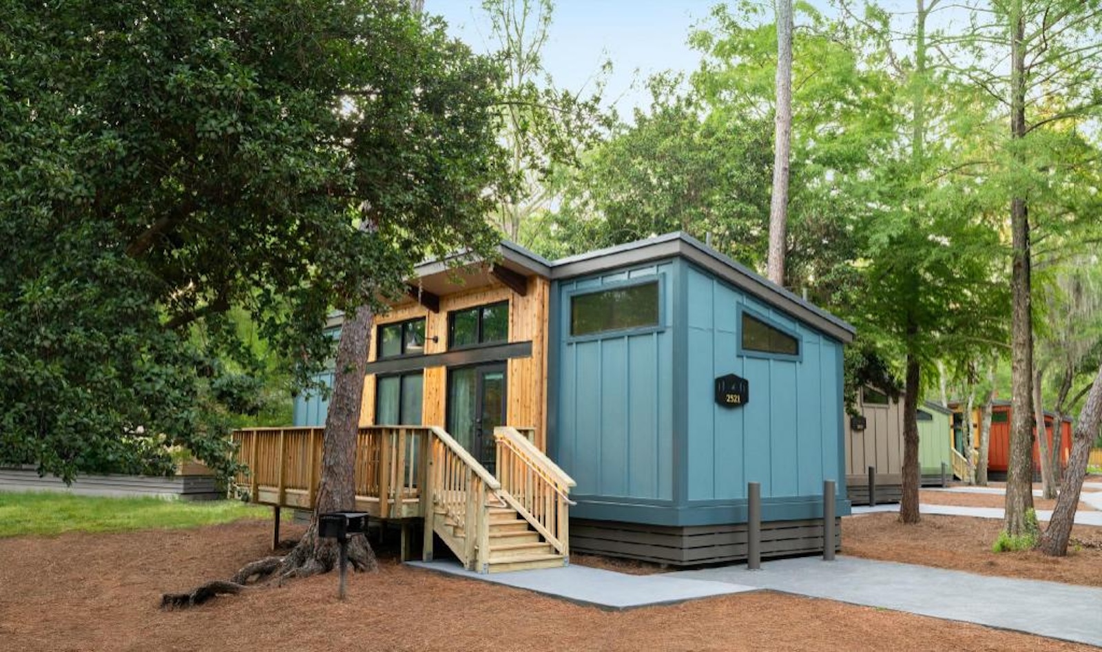 A small cabin, enveloped by trees, at The Cabins at Disney's Fort Wilderness Resort, creating a peaceful woodland atmosphere