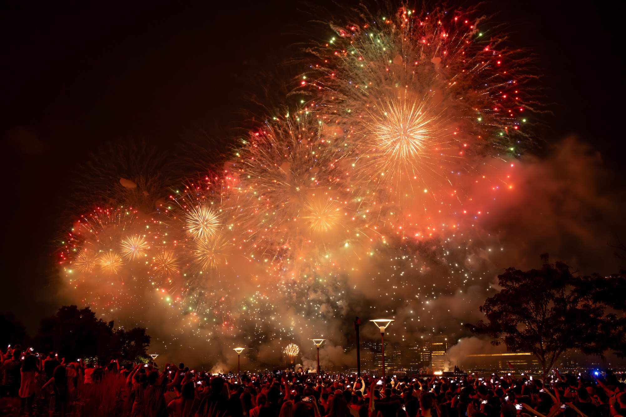 Colorful fireworks illuminate the night sky, creating a vibrant display of light and color against the dark backdrop.
