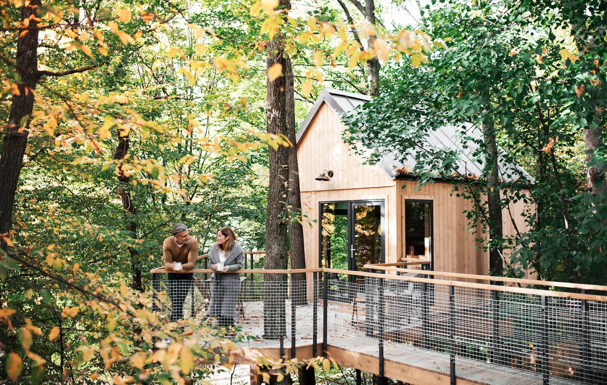 A couple enjoys a moment surrounded by lush woods