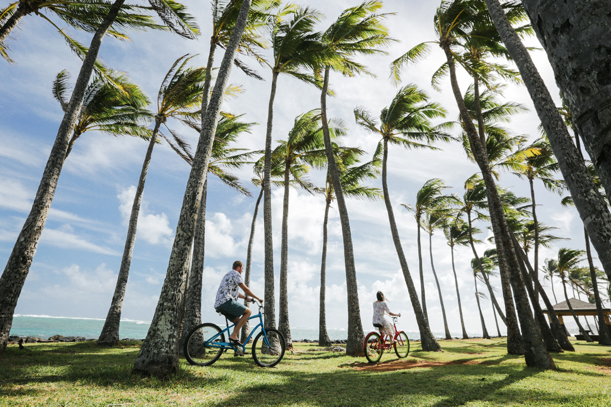 A pair of friends biking together on a vibrant grassy field, surrounded by nature's beauty