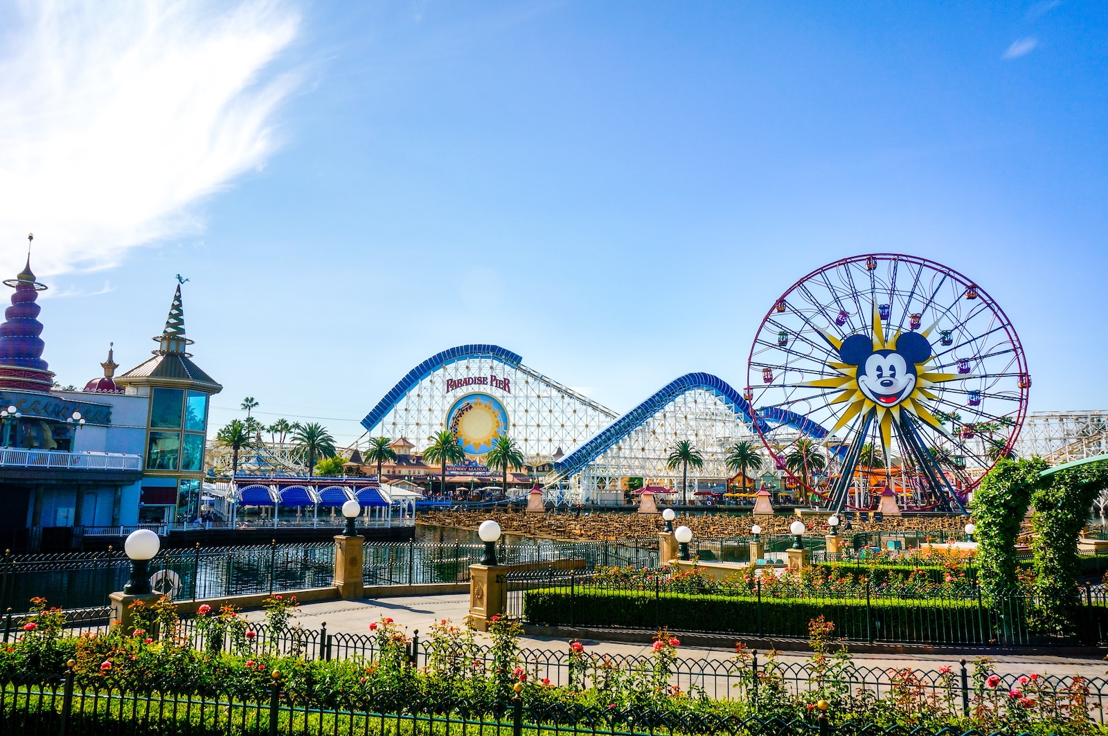 Disneyland's Pixar Pier Ferris Wheel against a blue sky