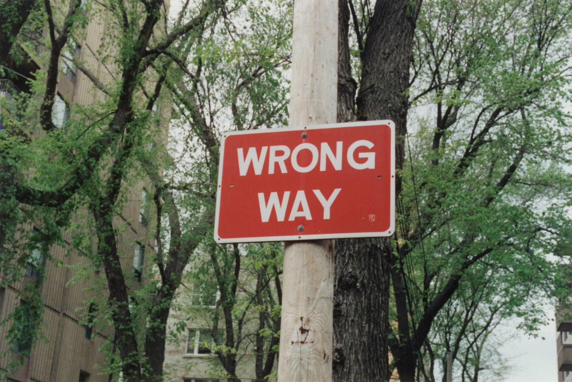 A wrong way sign among trees tells you to consider your approach!.jpg