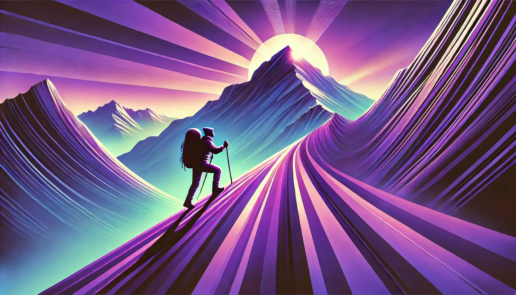 DALL·E 2024-11-02 10.43.14 - A vibrant, modern image of a person hiking toward the top of a mountain. The scene is in various shades of purple, with .webp