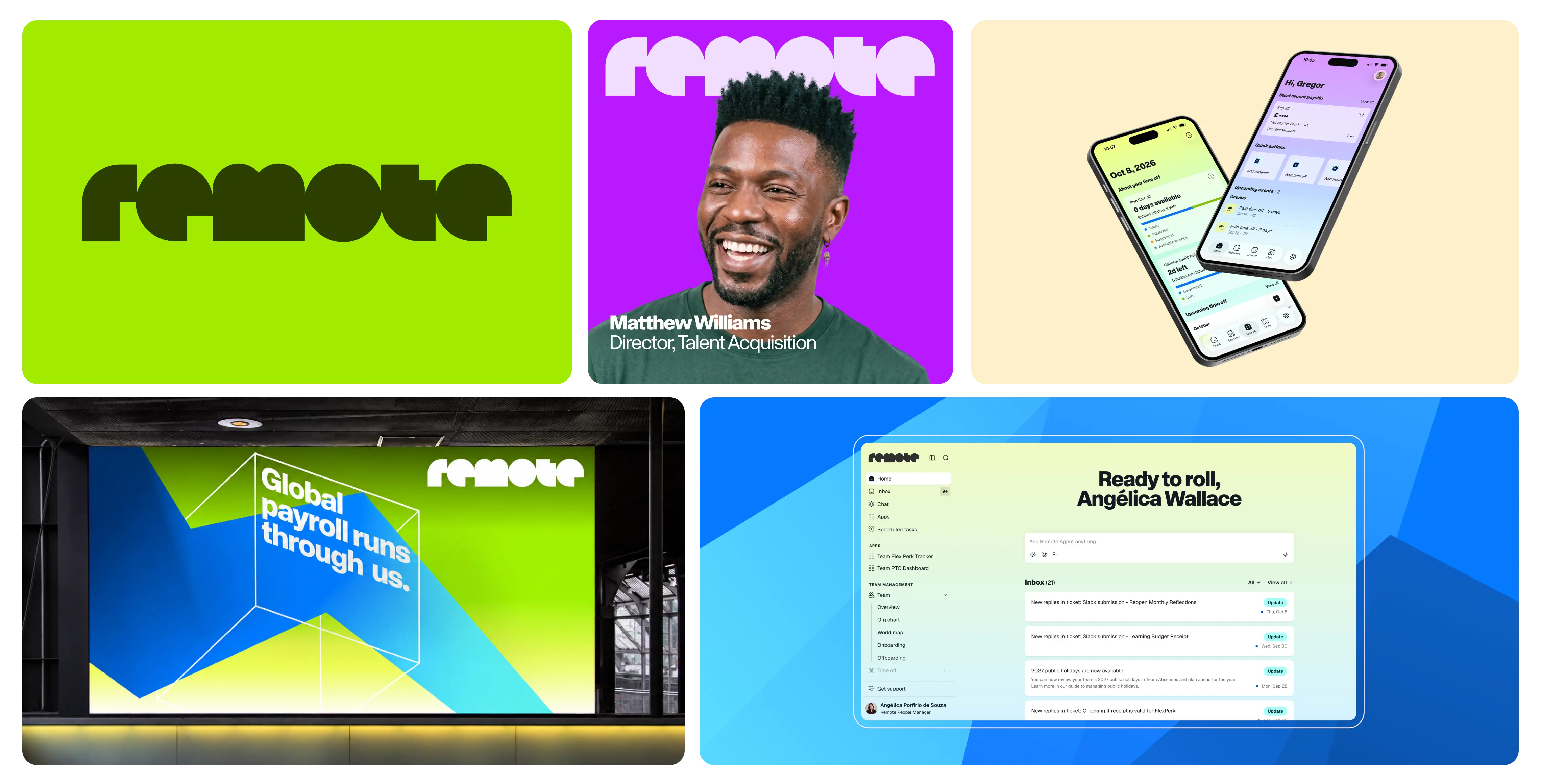 Remote's new brand in use: the wordmark on lime green, an employee portrait, the mobile app, a billboard reading 'Global payroll runs through us.', and the web platform.
