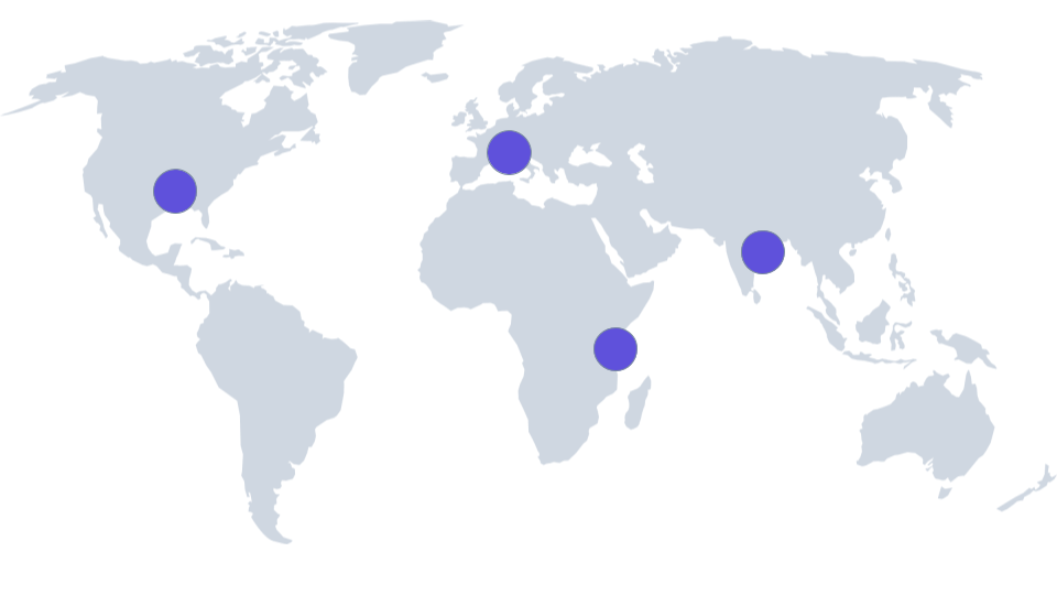 Gray world map with four cities highlighted