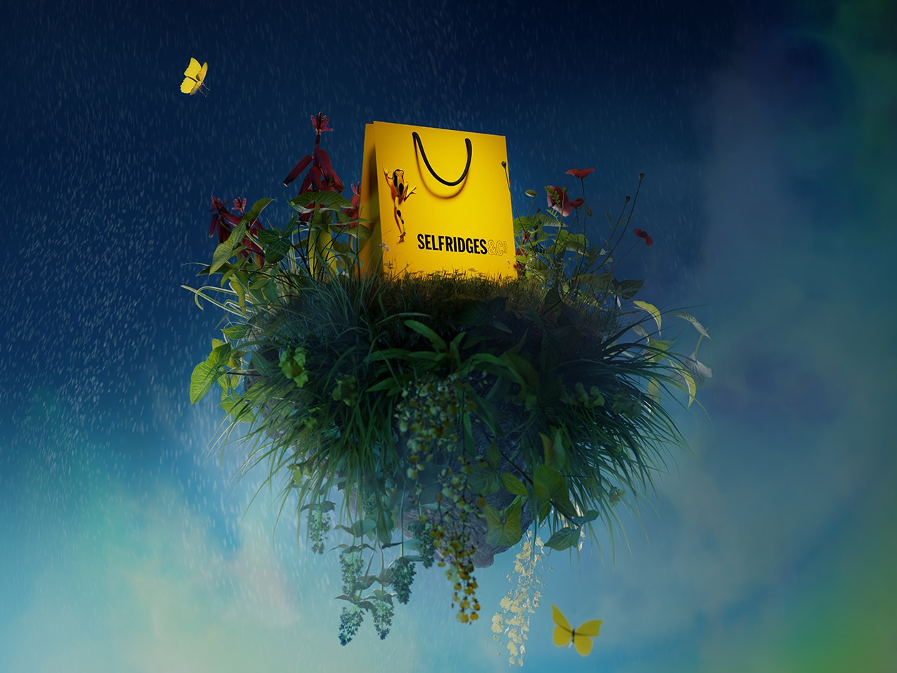 Abstract image of a yellow Selfridges shopping bag resting on a floating grass structure. Butterflies float around the bag.