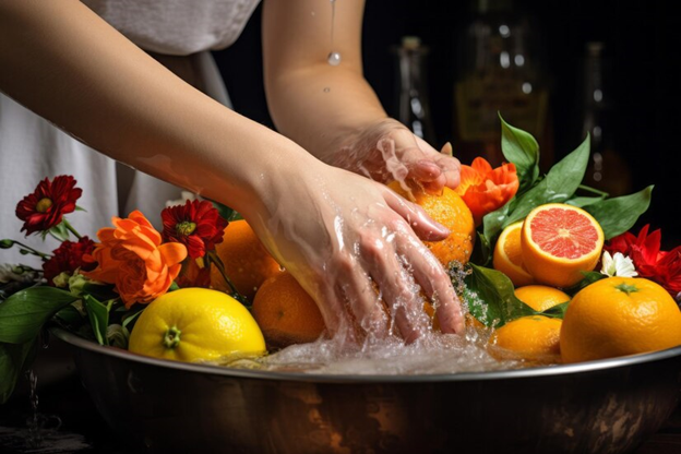 A person washing fruits