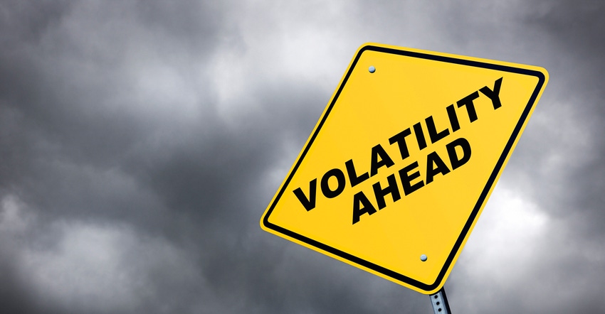 "Volatility ahead" road sign with storm clouds in the background