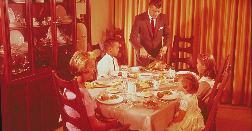 Traditional Thanksgiving family dinner, circa 1963