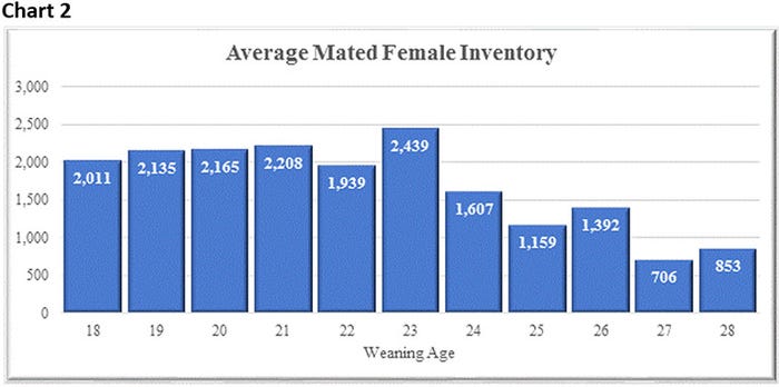 Chart 2: Average mated female inventory by piglet weaning age 