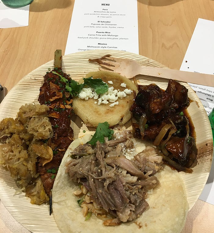 A representation of Hispanic cuisine created by Chef José Mendin to formally open the Innovation Kitchen at the main office of the National Pork Board.