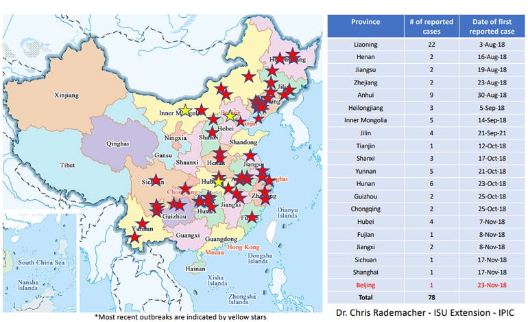 Map of African swine fever spread across China as of Nov. 23. 