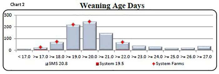 We picked these farms in part to the closeness of performance in PW/MF/YR as well as representing a spread of average wean age from 17.19 to 22.65 days average.